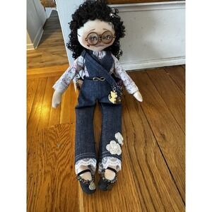 Handmade Cloth Folk Art Girl Doll Curly Hair Denim Outfit Ooak Glasses Purse WOW